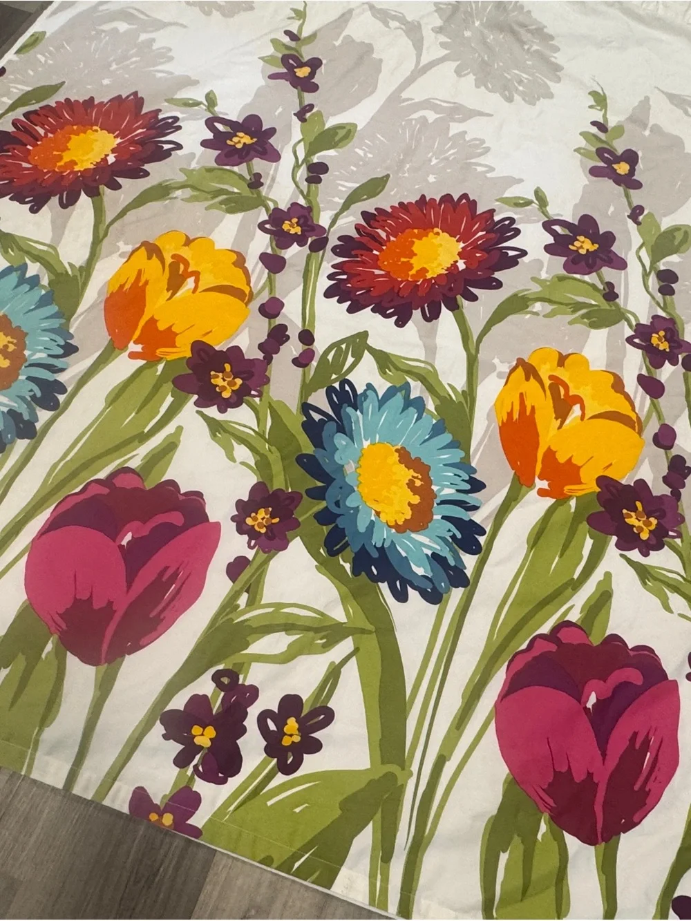 Bright Floral Print Cotton Blend Shower Curtain w/ Cloth Liner & Hooks